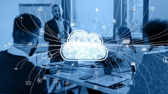Cloud computing service illustration, highlighting data storage and cloud-native application features.