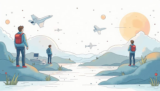 Illustration of people gazing at the sky as airplanes fly over the water, depicting a Tech Rescue Mission scene.